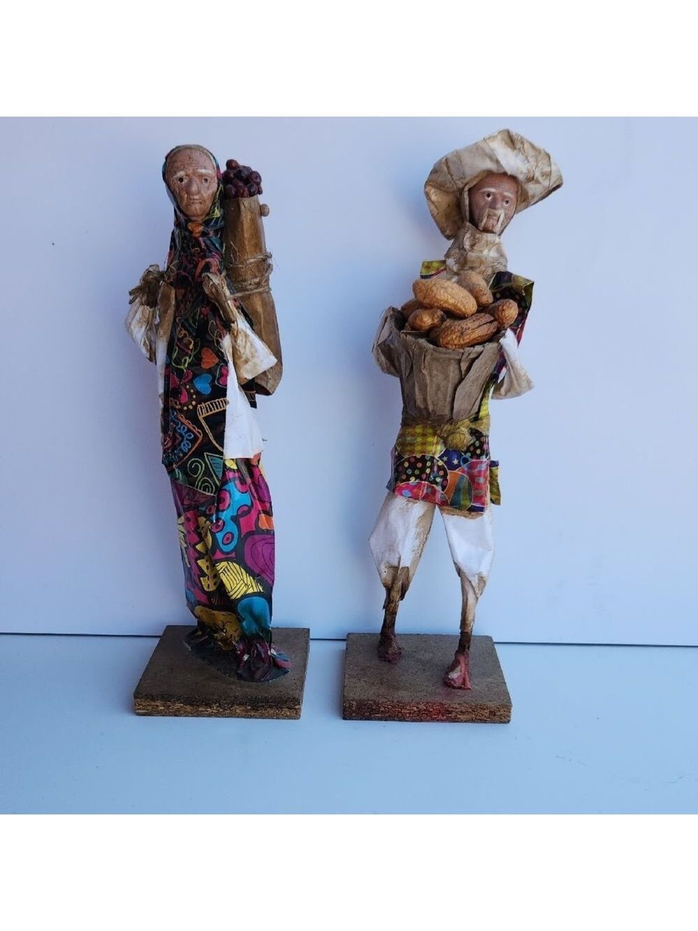 Handmade Folk Art Figures Farmers Market Vendors Set of 2, 1960's